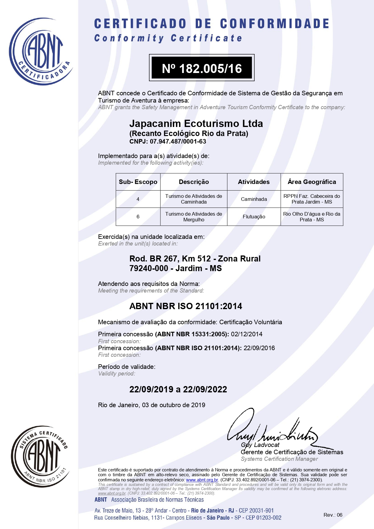 Certificado de Conformidade Recanto Ecológico Rio da Prata
