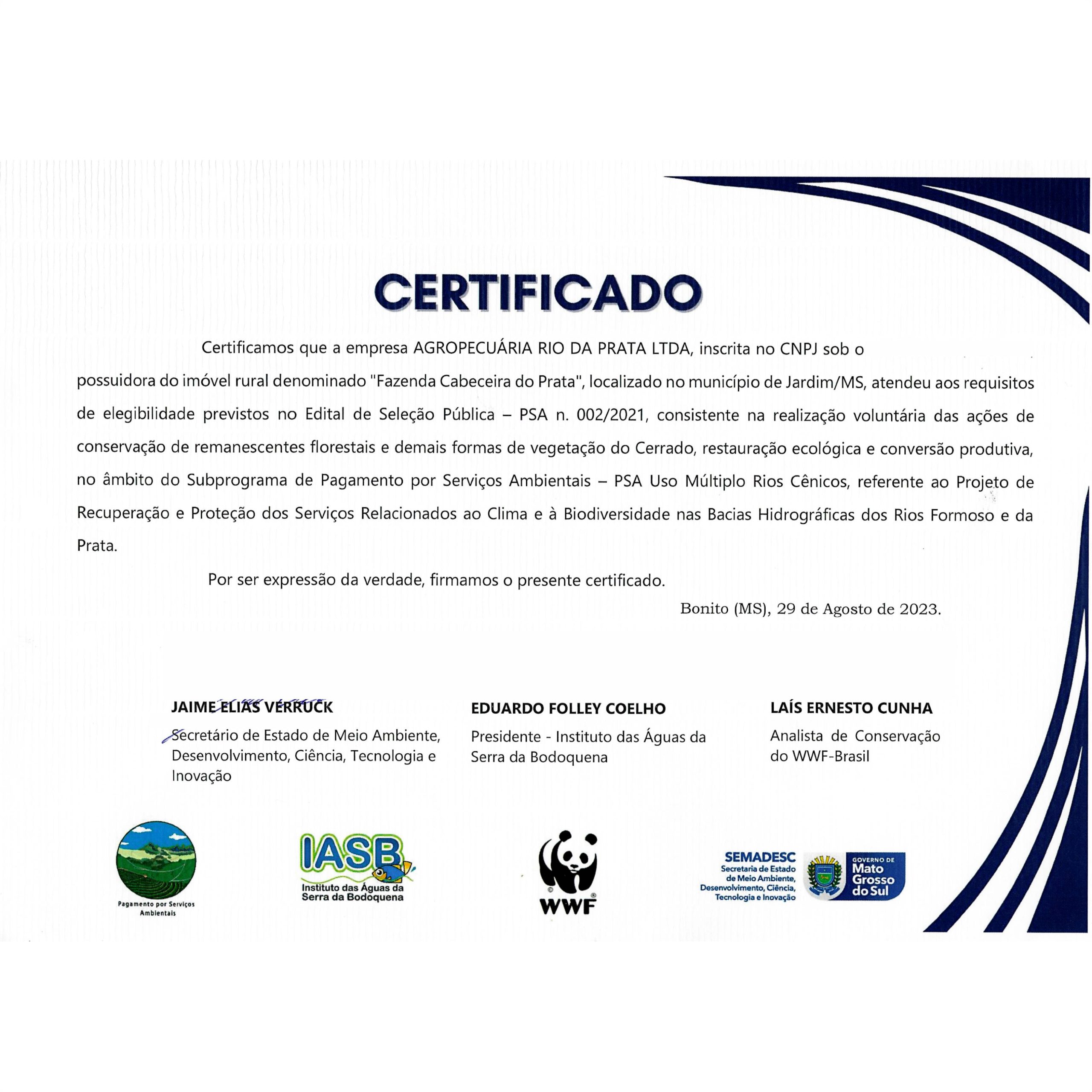 Certificado do Subprograma de Pagamento por Serviços Ambientais - PSA
