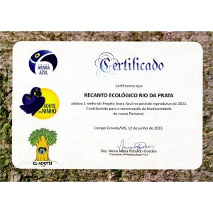 Certificado de adoção de ninho pelo rio da Prata