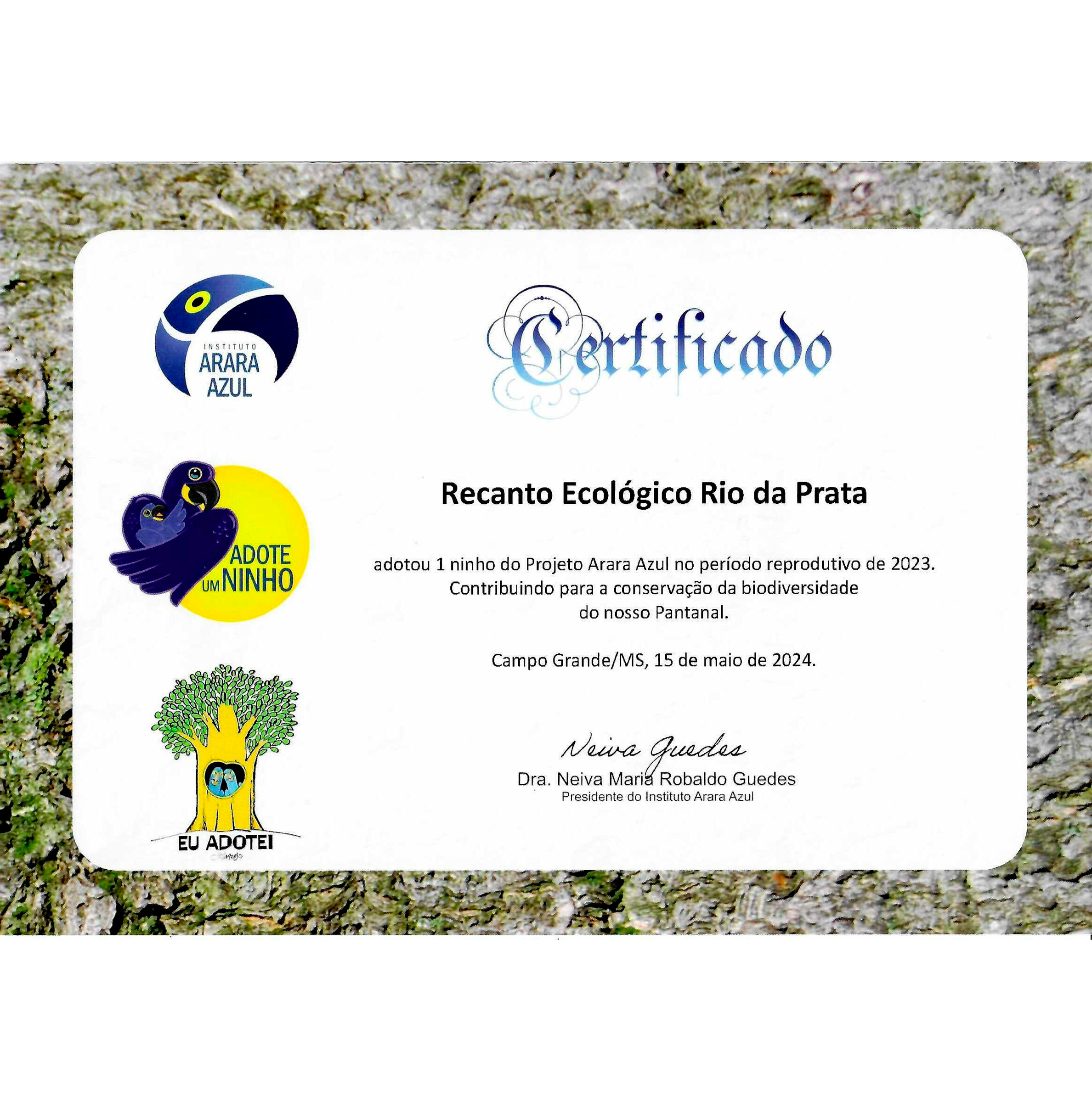 Certificado de adoção de ninho do Projeto Arara Azul